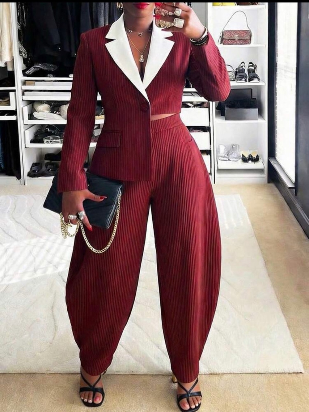 New Arrival ! Women's Burgundy / Red Two-Piece Pinstripe Suit Pants & Blazer